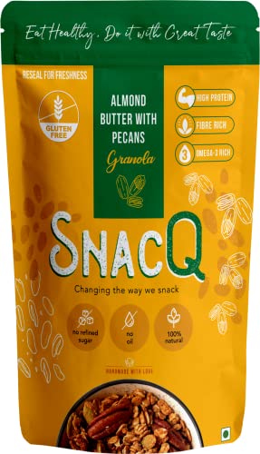 SnacQ Almond Butter with Pecans Granola - 250 Grams (Pack of 1) | Tasty, Healthy and Convenient Breakfast and Snack | High Protein, Gluten Free Granola | No Oil, No Artificial Sugar, No Preservatives