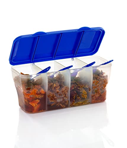 RILION Multipurpose Plastic 4 In 1 Masala Box for Kitchen, Transparent Pickel Box, 4 Compartment Storage Container Airtight For Cereal, Dry Fruits Dabba1800 Ml with 4 Spoons(Blue)