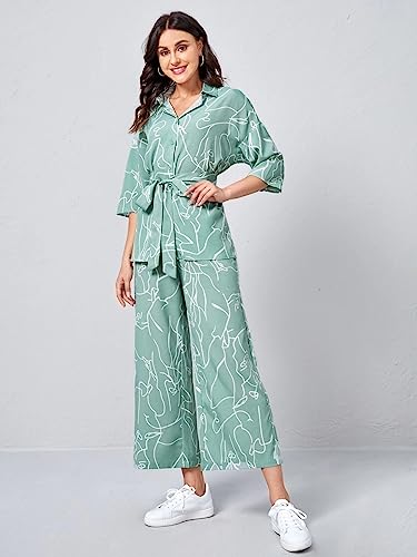 GRECIILOOKS Women Co Ord Set| Collared Self Belted Allover Print| Half Sleeve Shirt| Straight Shirt with Belt| Women Two-Piece Outfits| Summer Wear| Outdoor Wear (XX-Large, Light Green)