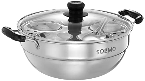 Amazon Brand - Solimo Stainless Steel Multi Kadai Induction Base, with Glass Lid & 2 Idli Plates