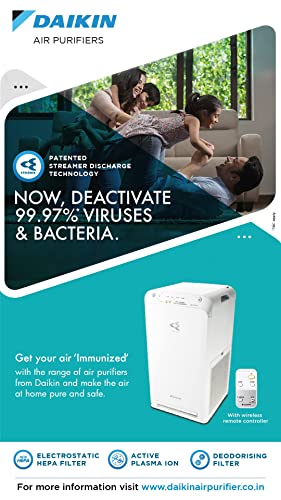 Daikin MC55XVM6 Air Purifier, Lifetime Supply of HEPA Filter, Lifetime Odour Filter, Dual Technology Flash Streamer & Active Plasma, 440 Sq. Feet coverage, Healthy air all year.