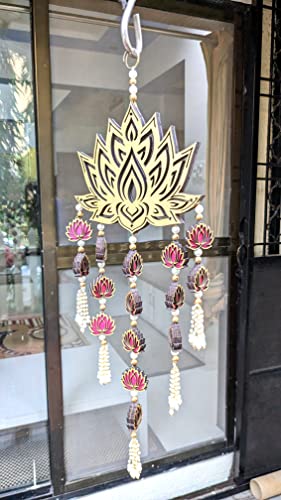 StepsToDo Lotus Flower Wind Chime with White Beads and Mini Lotus. Hand Made and Hand Painted. Golden Hanging Wooden Lotus for Wall and Window Decoration. (1)