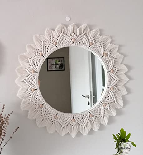 ARSHLAZA Macrame Hanging Wall Mirror with Macrame Round Mirror Art Boho Decor Macrame Decorative Mirror [M9] framed, off-white