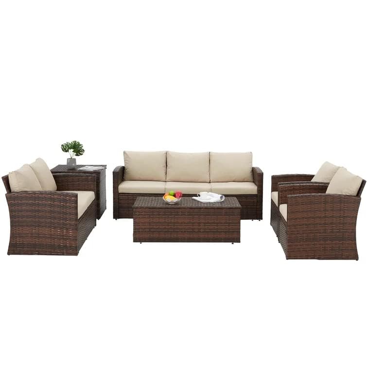 LOCCUS 6 Pieces Patio Conversation Set, Outdoor Sectional Wicker Sofa PE Rattan Furniture Set with Thick Cushions, Beige