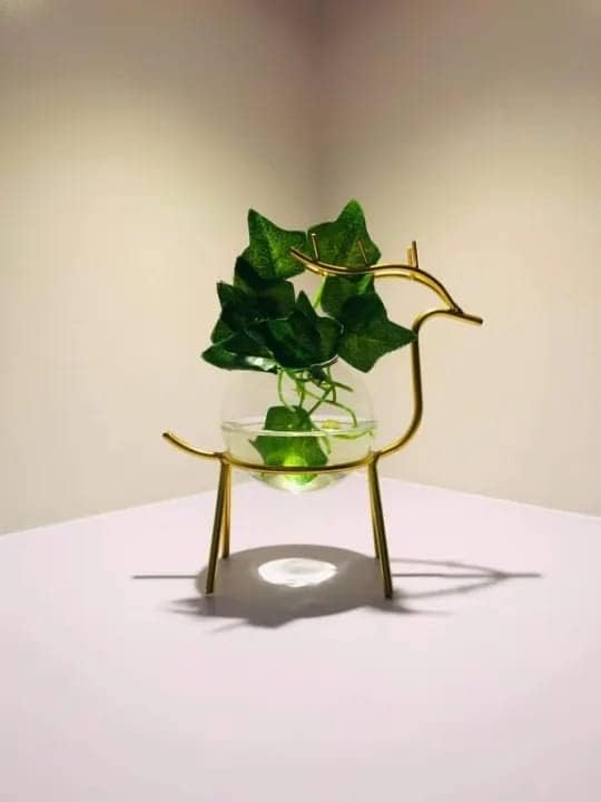 DECORATIVE WORLD Handmade Decorative Glass Planter Holder Deer Design | Round Glass Planter Pot Holder | gold vase pots and planters | vase pot | glass flower vase | Glass Pot | Set of 1| (Color-Gold)