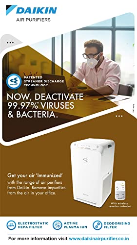 Daikin MC55XVM6 Air Purifier, Lifetime Supply of HEPA Filter, Lifetime Odour Filter, Dual Technology Flash Streamer & Active Plasma, 440 Sq. Feet coverage, Healthy air all year.