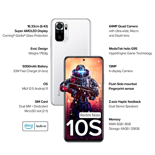 Redmi Note 10S (Frost White, 8GB RAM,128 GB Storage) - Super Amoled Display | 64 MP Quad Camera | Alexa Built in | 33W Charger Included