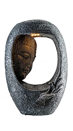 EXPLEASIA Resin Rock Carved Buddha Face Shower Water Fountain For Home, Office, Garden (Dark Grey)