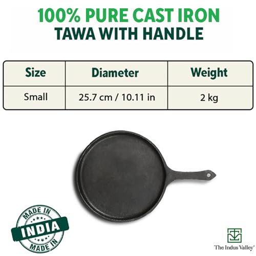 The Indus Valley Pre-Seasoned Cast Iron Tawa for Dosa/Chapathi | 25.7cm/10 inch, 2kg | Induction Friendly | Naturally Nonstick, 100% Pure & Toxin-Free, No Chemical Coating