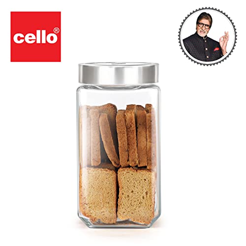 CELLO Qube Fresh Glass Storage Jar, Air Tight, See-Through Lid, Clear, 1000 ml