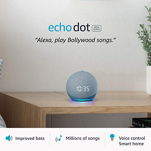 Echo Dot (4th Gen, 2020 release) with clock | Next generation smart speaker with powerful bass, LED display and Alexa (Blue)