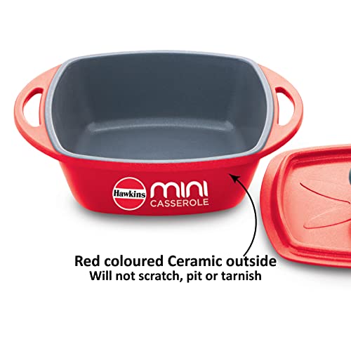 Hawkins Aluminium 0.75 liter Mini Casserole With Lid, Square Series Die-Cast Pan For Cooking, Reheating, Serving And Storing, Red (Mcsr75)