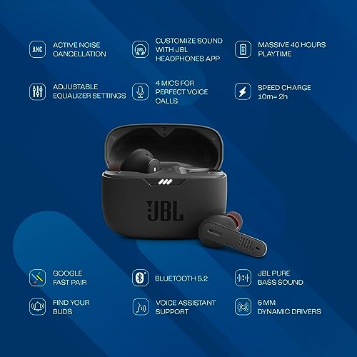 JBL Tune 235NC in Ear Wireless ANC Earbuds (TWS), Massive 40Hrs Playtime with Speed Charge, Customizable Bass with Headphones App, 4 Mics for Perfect Calls, Google Fast Pair, Bluetooth 5.2 (Black)