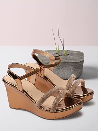 XE Looks Comfortable Copper Party High Heel Wedges Sandals For Women (3 inches heel) -UK 4