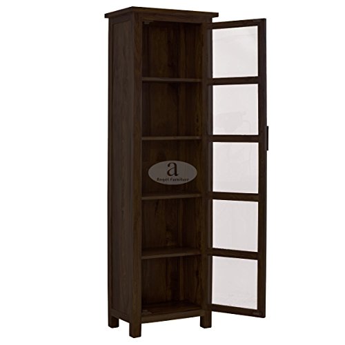 ANGEL FURNITURE Baltimore Solid Sheesham Wood Tall Crockery Cabinet | Book Shelf with Glass Door Walnut Finish