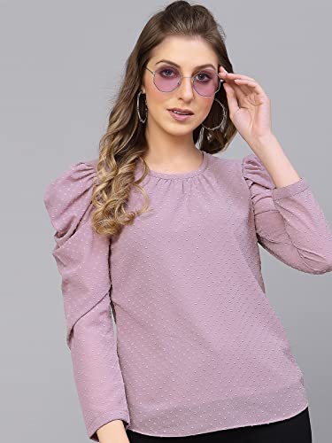 Selvia Women's Dyed Puff Sleeve Rotto Butti Round Neck Casual Top(430TK381N-Xl_Lavender4)