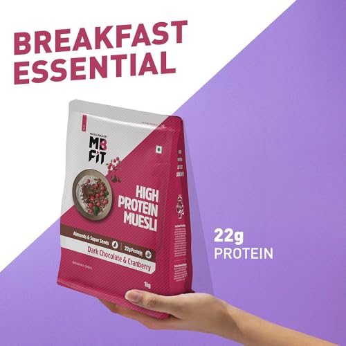 MuscleBlaze Fit High Protein Muesli 1 kg, Dark Chocolate & Cranberry, 22 g Protein, Almonds & Super Seeds, Protein Breakfast Cereals