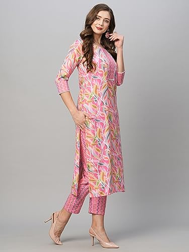 GoSriKi Women's Cotton Blend Floral Straight Kurta with Pant (Pahal-GS_Pink_L)