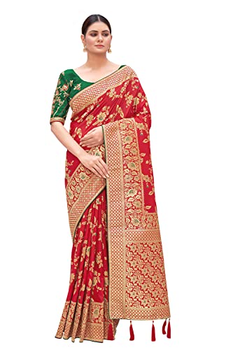 Monjolika Fashion Women's Banarasi Silk Blend Zari Woven Work With Tussles Saree and Embroidered Work Blouse Piece (37769 color) (Red)