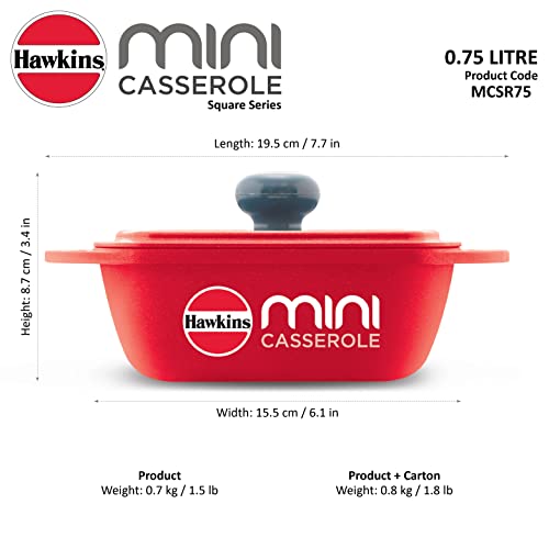 Hawkins Aluminium 0.75 liter Mini Casserole With Lid, Square Series Die-Cast Pan For Cooking, Reheating, Serving And Storing, Red (Mcsr75)