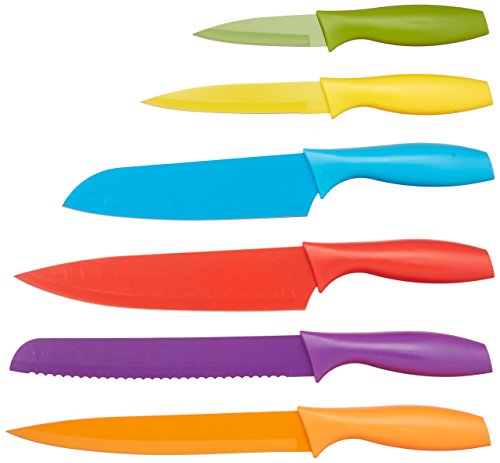 Amazon Basics 6 Stainless-Steel Colored Knives Set with Knife Covers