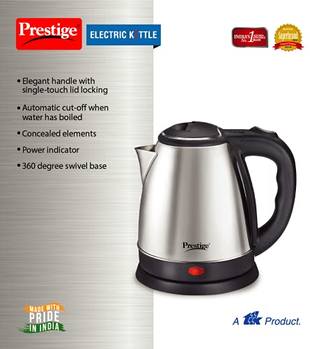 Prestige 1.5 Litres Electric Kettle (PKOSS 1.5)|1500W | Silver - Black| Automatic Cut-off | Stainless Steel | Rotatable Base | Power Indicator | Single-Touch Lid Locking