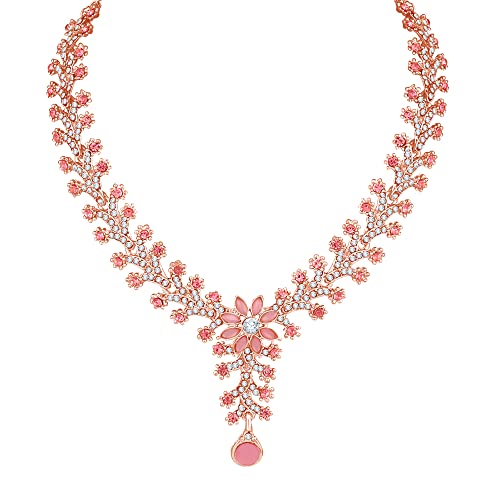 Atasi International Rose Gold Plated Mint Pink Diamond Necklace/Jewellery Set for Women with Earrings and Maang Tikka (RGP1965)