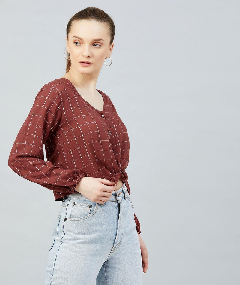 Women's Maroon Checkered Viscose Knotted Top