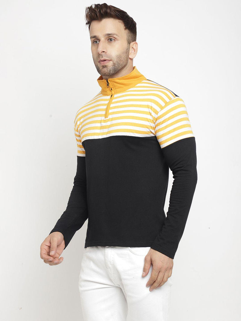 Cotton Blend Solid With Stripes Full Sleeves Mens Style Neck T-Shirt
