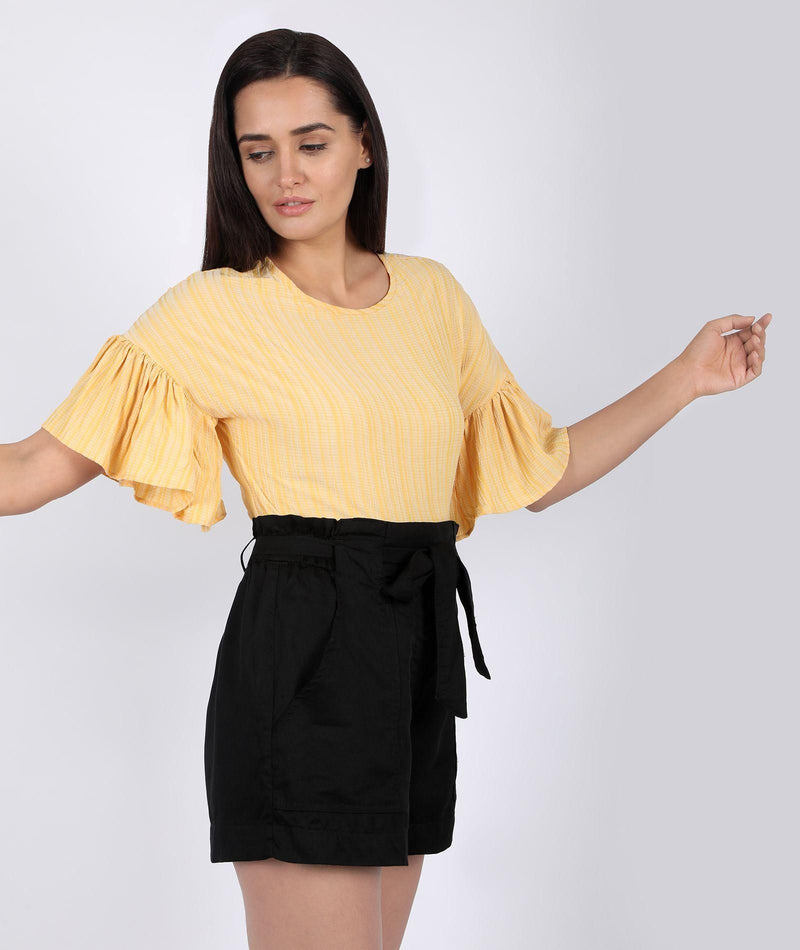 Flared Sleeve Striped Women's Yellow Top