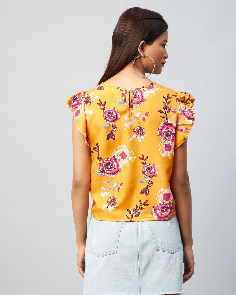 Women Crepe Yellow Flower Printed Ruffled Top