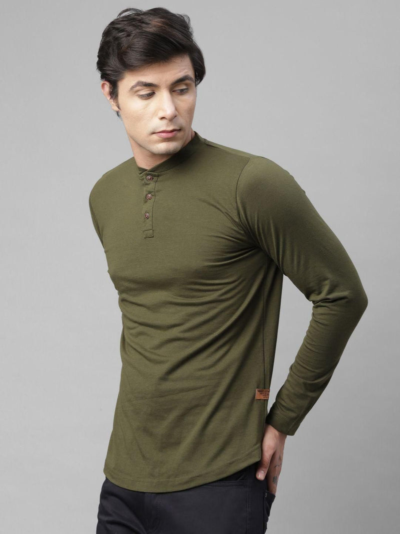 Rigo Cotton Solid Full Sleeves Mens Stylized Neck T-Shirt