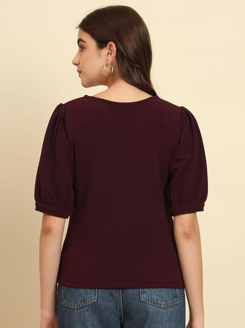 TRENDARREST Burgundy Puff Sleeve Top