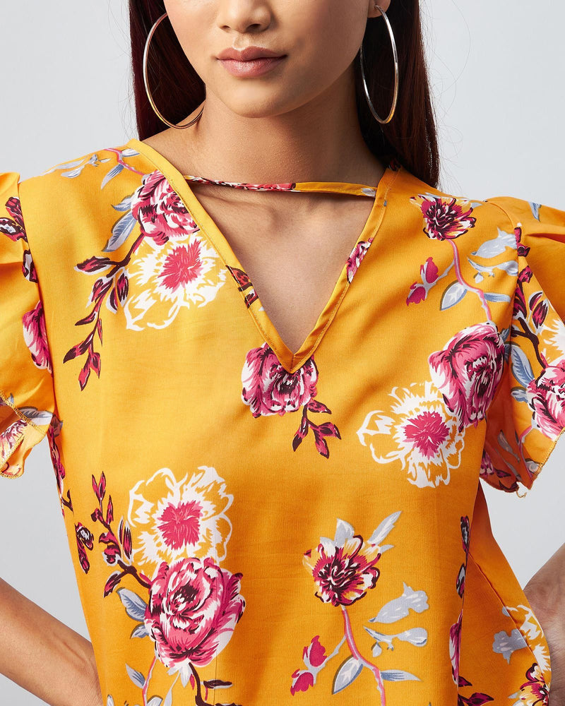 Women Crepe Yellow Flower Printed Ruffled Top