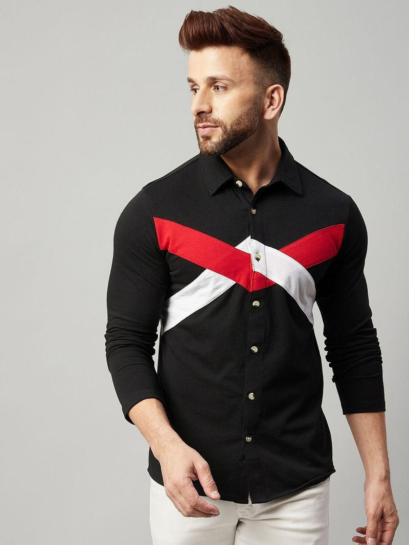Cotton Blend Color Block Full Sleeves Regular Fit Mens Casual Shirt