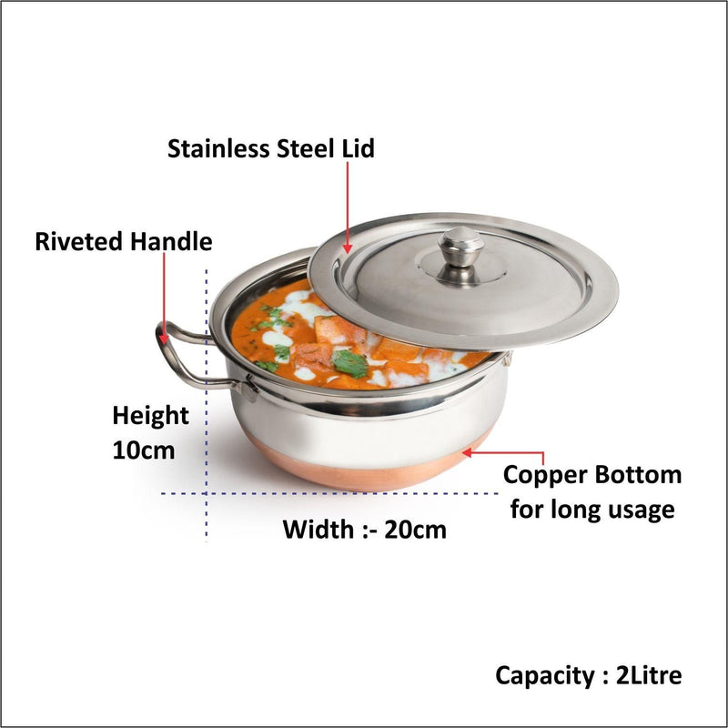 Swadish Steel Handi- Premium Heavy Gauge Stainless Steel Handi with Copper Bottom (2 LTR)