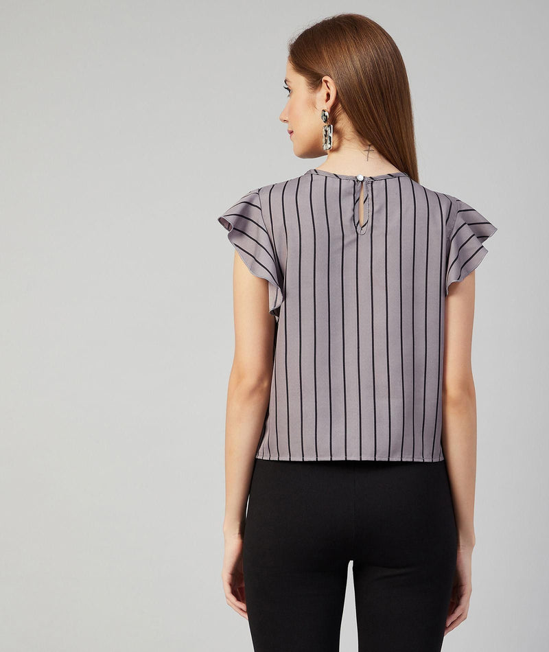 Women's Grey Striped Crepe Ruffled Top