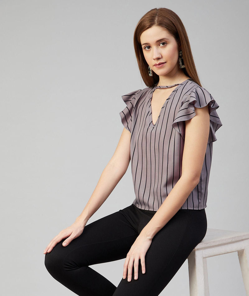 Women's Grey Striped Crepe Ruffled Top