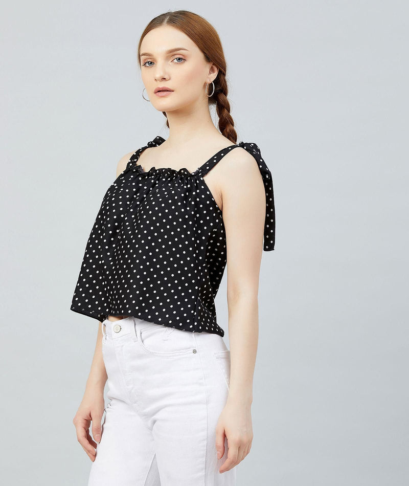 Women's Black Polka Doted Crepe Ruffled Top