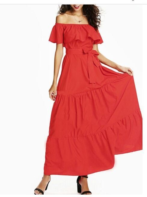 Women's Red Off Shoulder Georgette Solid Mid-length Dress