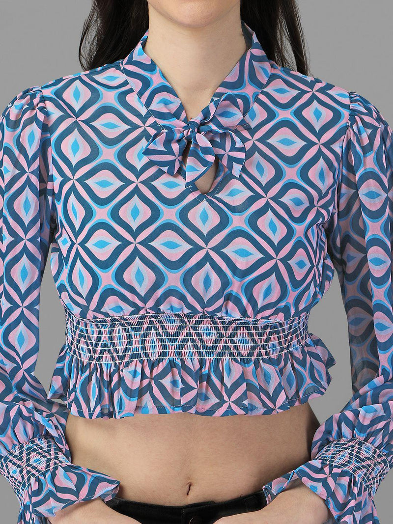 Masakali.Co Women Geometric Printed Tie-Up Neck Shirt Style Crop Top