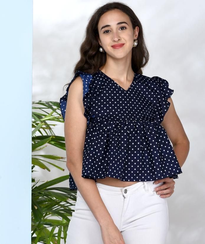 Women Navy Polka Doted Crepe Ruffled Top