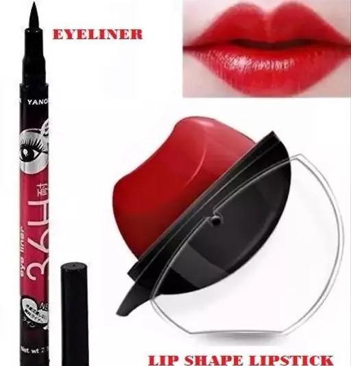 RED LIP Design Moisturizing Matte Lipstick And BLACK 36H Black Waterproof Liquid Eyeliner