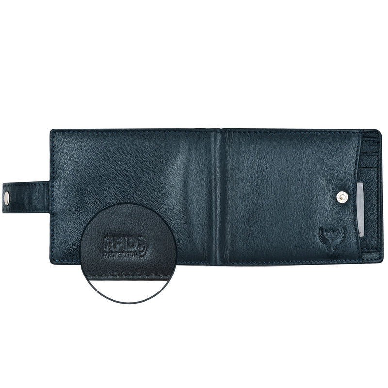 Lorenz Bi-fold Navy Blue Rfid Blocking Leather Wallet For Men With External Card Holder & Coin Pocket Feature