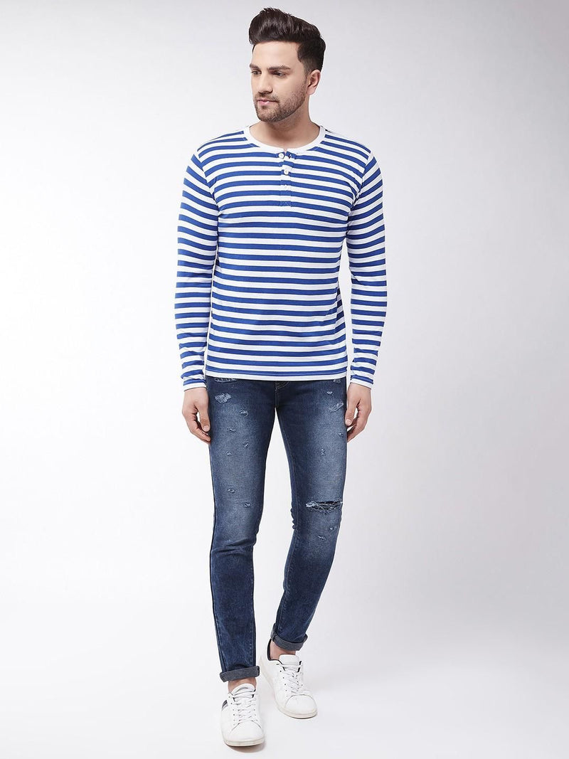 Gritstones Cotton Blend Striped Full Sleeves Stylized Neck Mens  T-Shirt