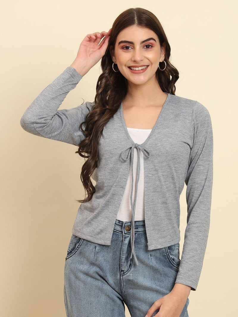 TRENDARREST Grey Solid Tie-Up Shrug