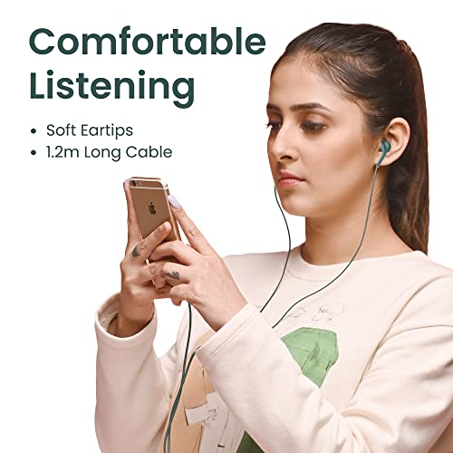 Ambrane Wired in Ear Earphones with in-line Mic for Clear Calling, 14mm Dynamic Drivers for BoostedBass, 3.5mm Jack, Multi-Functional Controller (Stringz 38 Lite, Green)