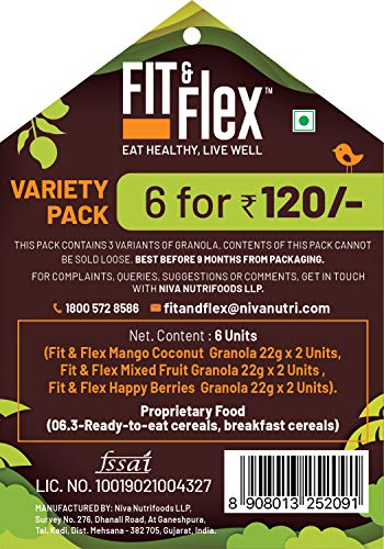 Fit & Flex Baked Granola | Variety Pack & Choco Combo | Oat Rich Cereal | Ready to Eat Healthy Breakfast Food | With Immunity Boosters | 11 x 22 GM (Pack of 2)