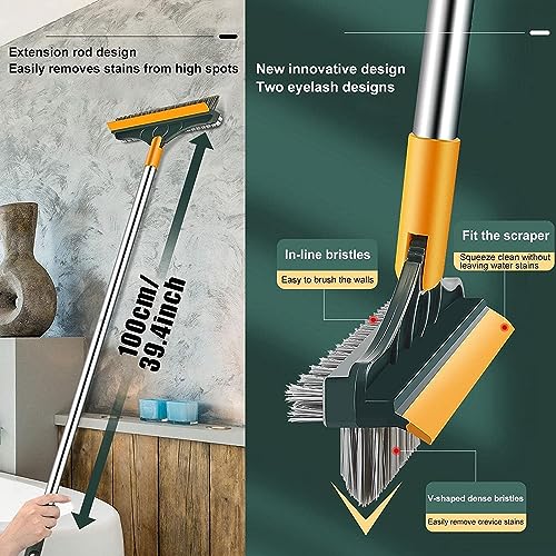 WAZDORF Bathroom Cleaning Brush with Wiper Tiles Cleaning Brush Floor Scrub Bathroom Brush with Long Handle 120° Rotate Bathroom Floor Cleaning Brush Home Kitchen (3 in 1)