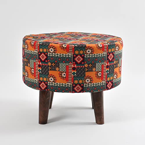 Homeaccex Rajasthani Printed Pouffes Ottoman Stool for Living Room Sitting Furniture Wooden Velvet Puffy Stool Footrest Footstool Pouf for Home Decor (15Inch Height, Multicolor)